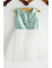 Green Sequin Tulle Knee Length Flower Girl Dress